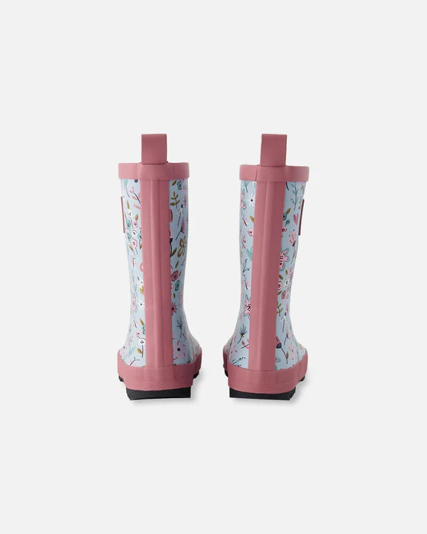 Bottes de pluie - Deux Par Deux enfant, motifs floraux roses et bleus, détails roses, vue de dos en caoutchouc naturel.