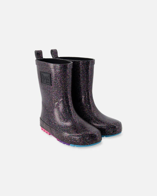 Bottes de pluie - Deux Par Deux noires pailletées en caoutchouc naturel pour enfant, vue de trois-quarts face.