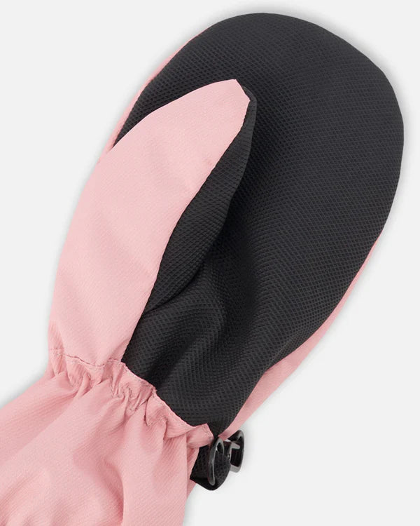 Mitaines Mi-Saisons - Deux Par Deux rose et noir en polyester recyclé pour enfant, vue de détail du dos et du poignet élastique.