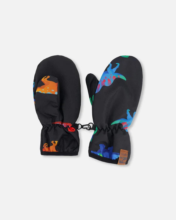 Mitaines Mi-Saisons - Deux Par Deux noires avec motifs dinosaures multicolores, pour enfant, vue de dessus face et dos.