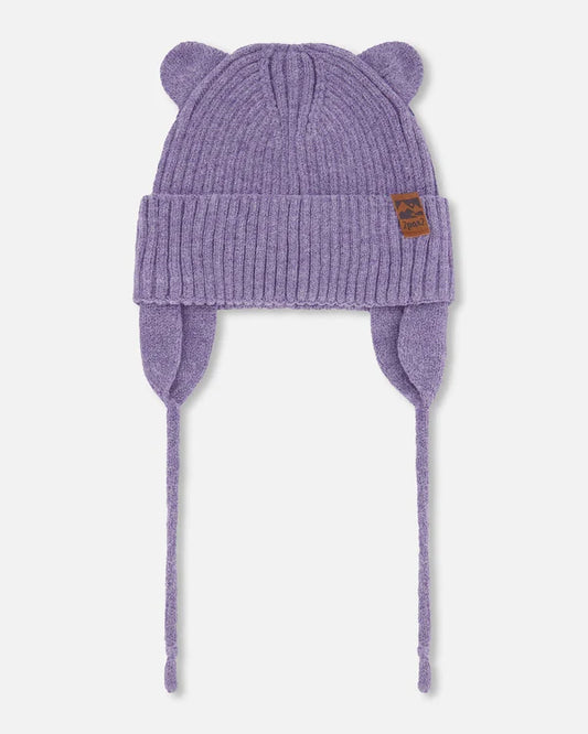 Tuque Mi-Saison - Deux Par Deux mauve tricot côtelé avec oreilles 3D et cordons, pour enfant, vue de face.