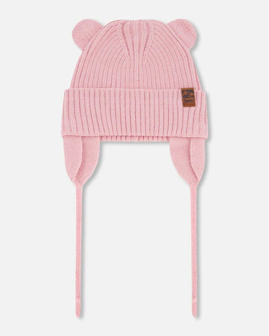 Tuque Mi-Saison - Deux Par Deux rose tricot côtelé avec oreilles 3D et cordons, pour bébé, vue de face
