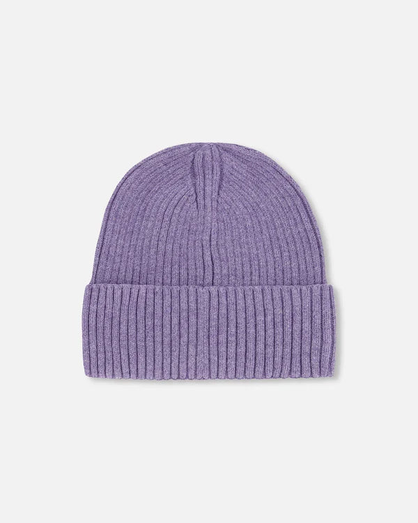 Tuque Mi-Saison - Deux Par Deux violette en tricot côtelé avec revers, mélange viscose nylon polyester, vue de face.