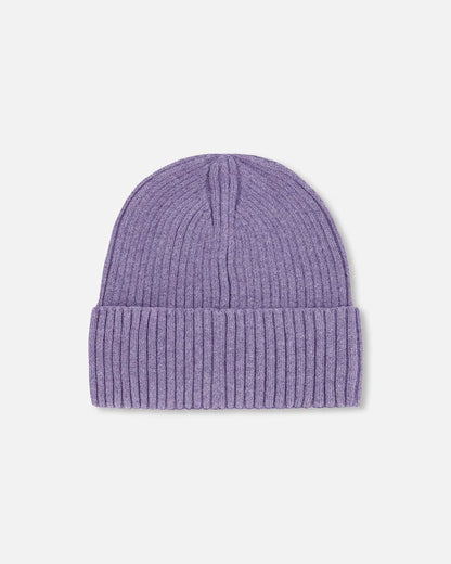 Tuque Mi-Saison - Deux Par Deux violette en tricot côtelé avec revers, mélange viscose nylon polyester, vue de face.