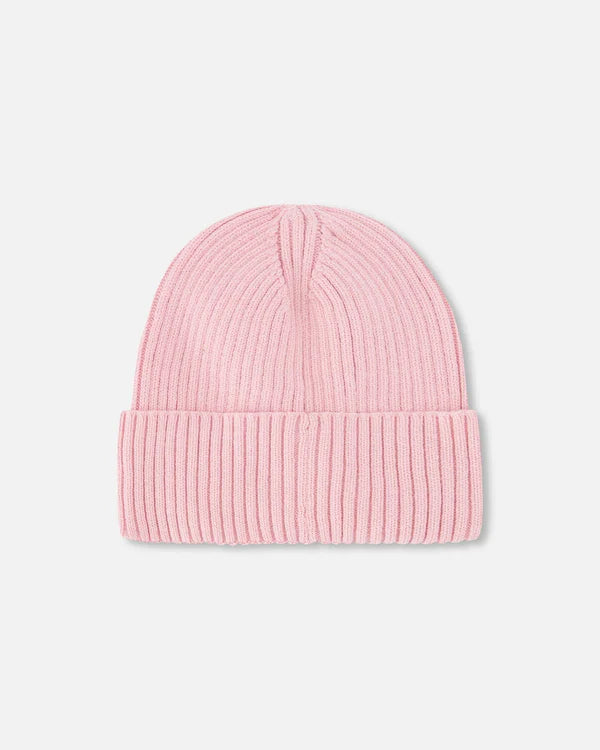 Tuque Mi-Saison - Deux Par Deux rose clair en tricot côtelé avec revers, vue de face, pour enfant.