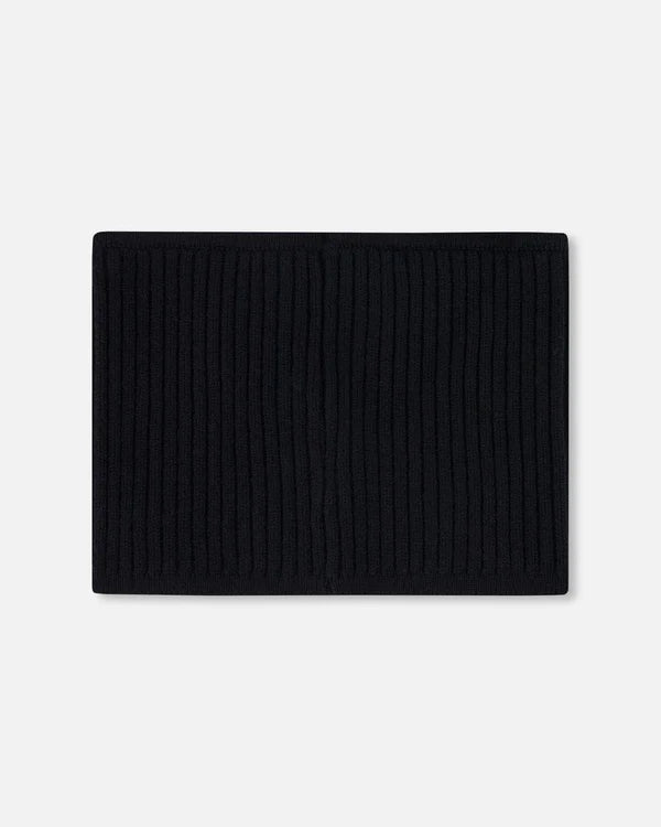 Cache-cou - Deux Par Deux noir en tricot côtelé fin, mélange viscose nylon polyester, vue de face, pour enfant.