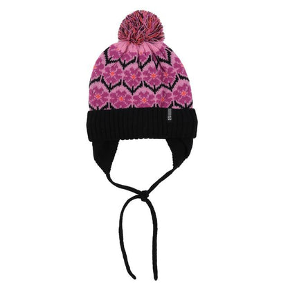 Tuque D'hiver - Nanö rose à motif géométrique, avec doublure et nouettes noires, pompon multicolore, pour enfant, vue de face.