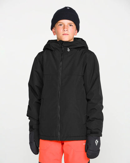 Manteau d'hiver Stone.91 Ins - Volcom noir à capuche porté par un garçon vue de face