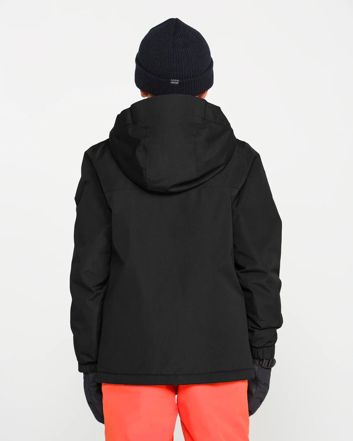 Manteau d'hiver Stone.91 Ins - Volcom, manteau noir à capuche, vue de dos porté par un modèle