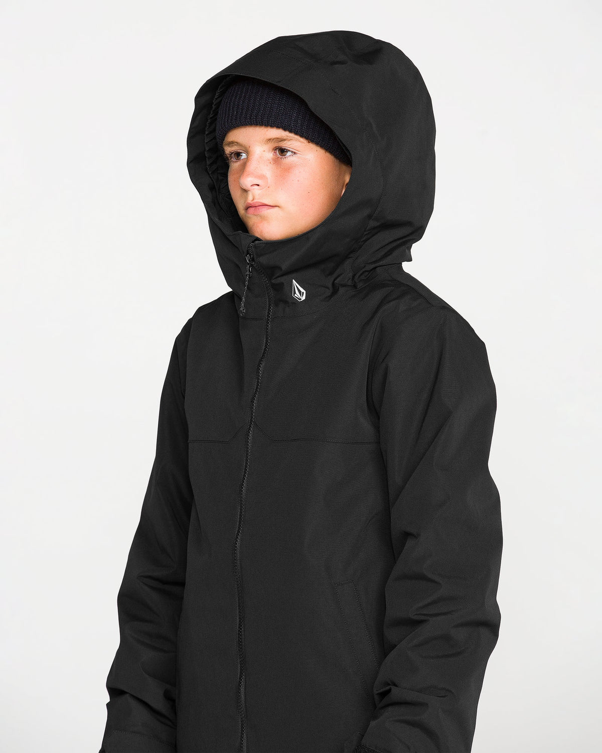Manteau d'hiver Stone.91 Ins - Volcom noir à capuche pour enfant, vue de trois quarts