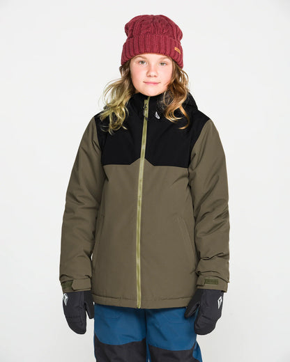 Manteau d'hiver Stone.91 Ins - Volcom marron kaki et noir pour fille porté de face par un enfant