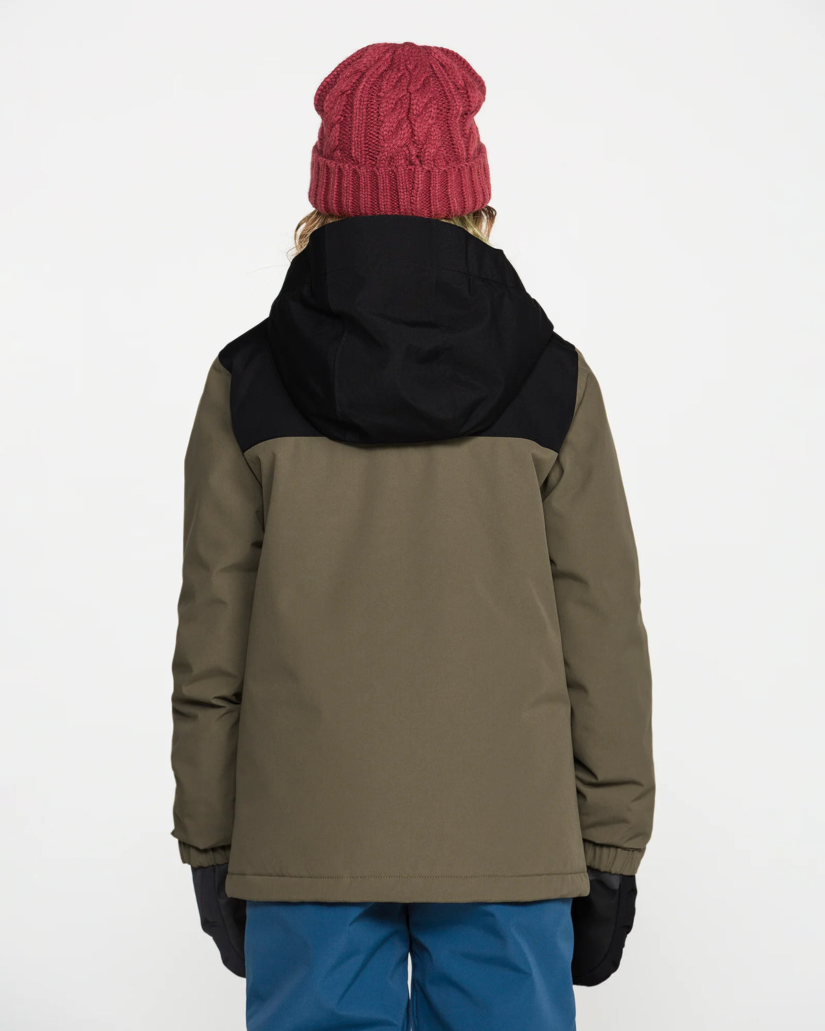 Manteau d'hiver Stone.91 Ins - Volcom vert kaki et noir pour enfant, vue de dos avec capuche noire et bonnet rouge