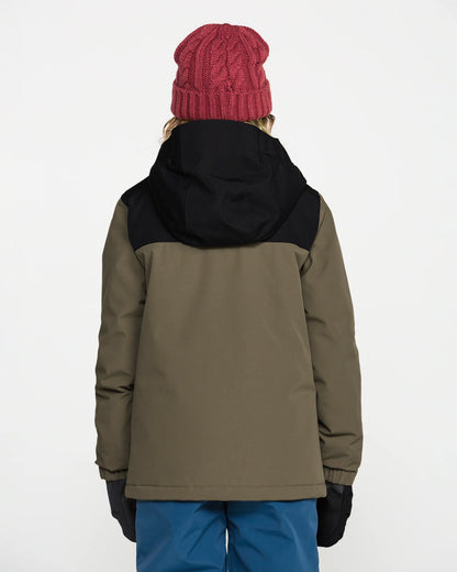 Manteau d'hiver Stone.91 Ins - Volcom vert kaki et noir pour enfant, vue de dos avec capuche noire et bonnet rouge