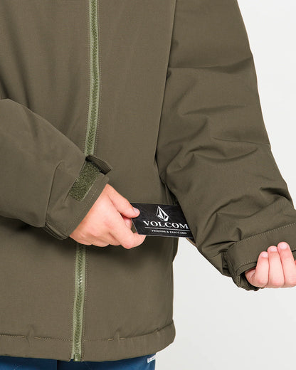 Manteau d'hiver Stone.91 Ins - Volcom vert kaki matelassé avec fermeture éclair et poignets réglables vue en détail