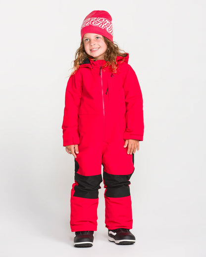 Habit de neige Little Flurry - Volcom rouge et noir pour fille avec tuque assortie vue de face porté sur enfant