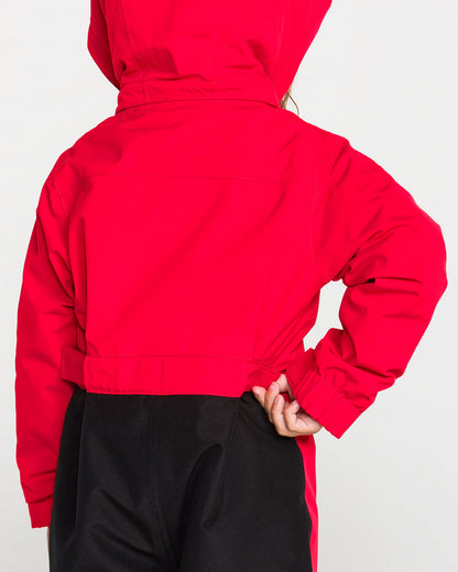 Habit de neige Little Flurry - Volcom rouge et noir pour enfant vu de dos avec capuchon et poignets ajustés