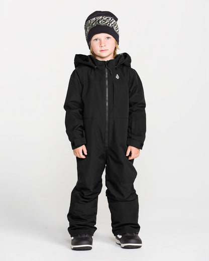Habit de neige Little Flurry - Volcom noir pour enfant, porté de face avec capuche et bonnet