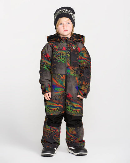 Habit de neige Little Flurry - Volcom à motifs multicolores porté par un enfant avec tuque noire vue de face