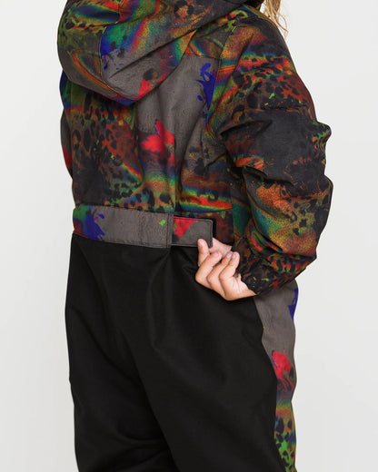 Habit de neige Little Flurry - Volcom pour enfant avec capuchon et motifs multicolores sur fond noir vue de dos