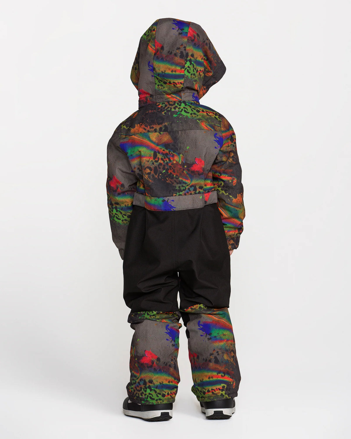 Habit de neige Little Flurry - Volcom multicolore à capuche et pantalon noir pour enfant, vue de dos sur mannequin