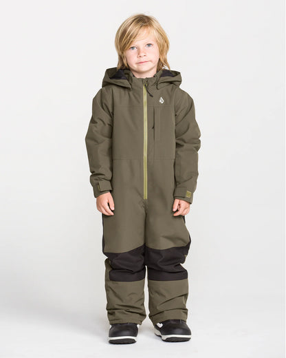 Habit de neige Little Flurry - Volcom vert olive et noir pour enfant, vue de face, porté par un enfant