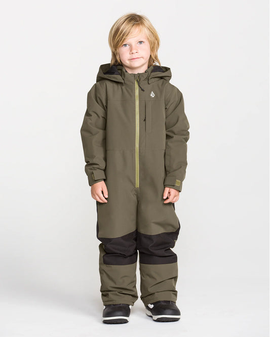 Habit de neige Little Flurry - Volcom vert olive et noir pour enfant, vue de face, porté par un enfant