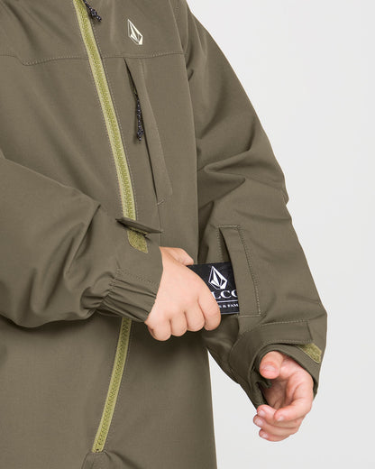 Habit de neige Little Flurry - Volcom vert kaki pour enfant avec fermeture éclair et poignets intégrés vue rapprochée des manches