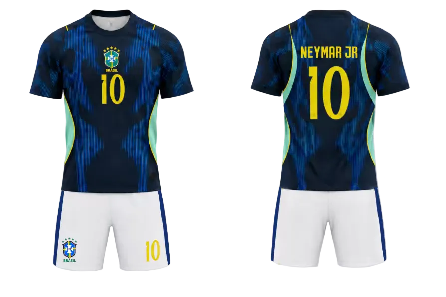 Ensemble de soccer - Neymar, maillot bleu marine à motifs noirs avec détails verts et jaunes, short blanc avec chiffres jaunes, vue de face et dos sur mannequin enfant.