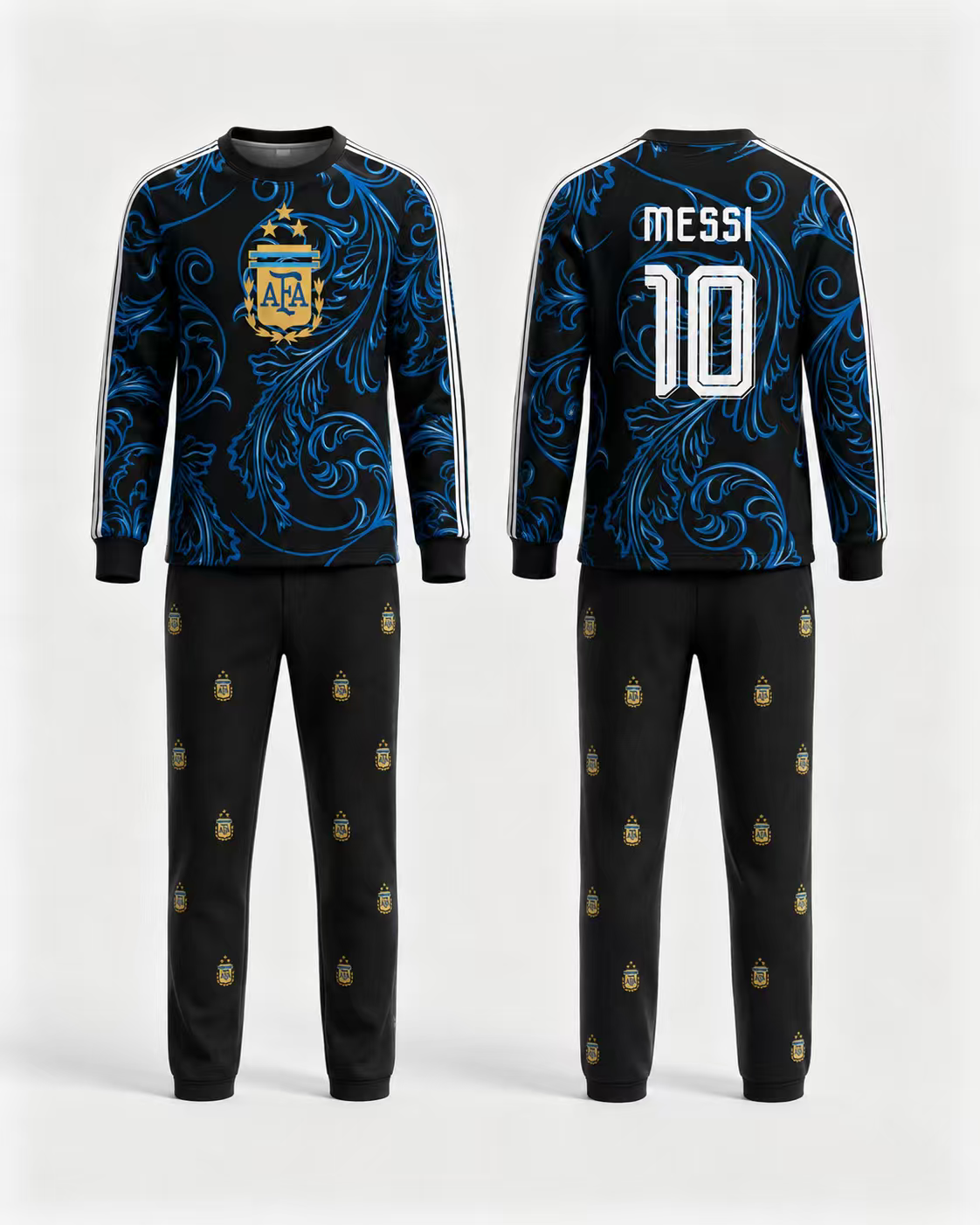 Pyjama - Messi noir et bleu avec motifs floraux stylisés et logo AFA doré, manches longues, pantalon assorti avec logos répétés, vue de face et dos.