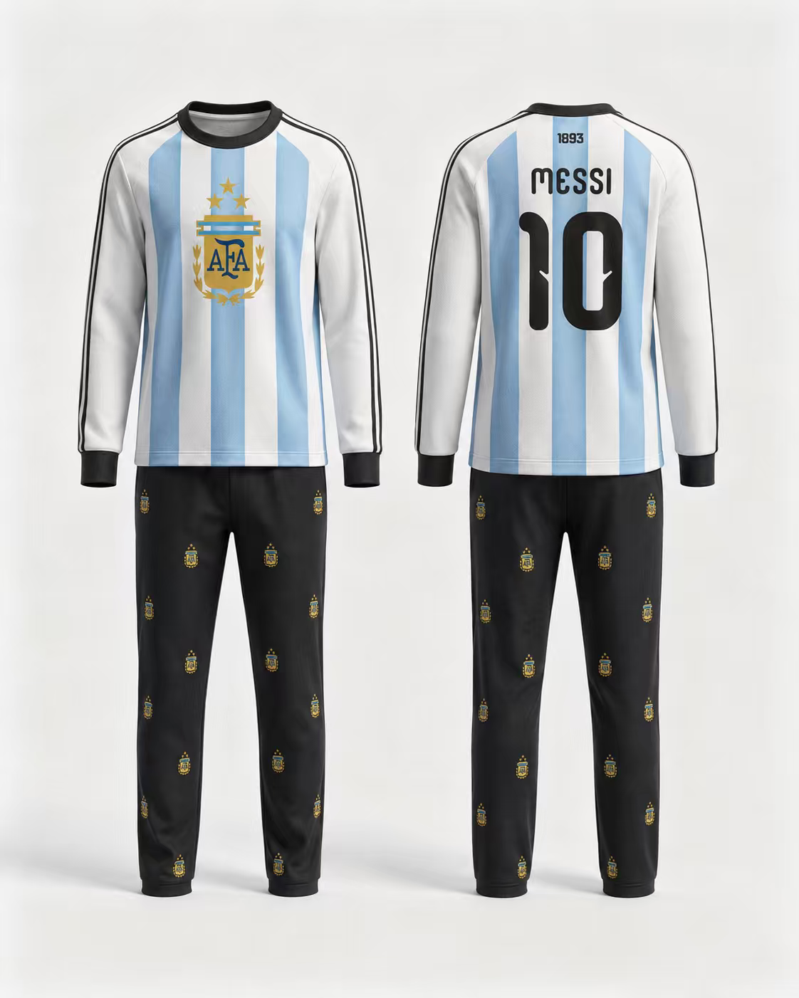 Pyjama - Messi en tissu polyester, haut manches longues blanc à rayures bleu ciel verticales, pantalon noir à motifs dorés, vue de face et dos.