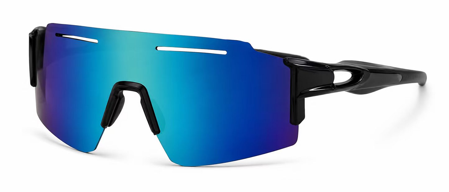 Lunettes de soleil - Kids avec verre bleu miroir et monture noire en plastique, style sportif, pour enfant, vue de trois quarts.