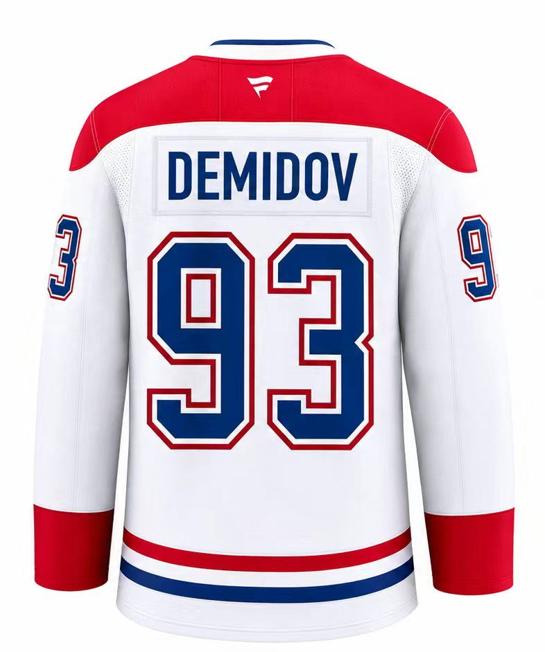 Jersey de hockey Canadiens - Demidov blanc, rouge et bleu, style authentique en tissu technique, vue de dos avec nom et numéro 93.