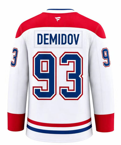 Jersey de hockey Canadiens - Demidov blanc, rouge et bleu, style authentique en tissu technique, vue de dos avec nom et numéro 93.