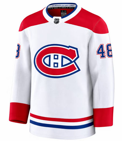 Jersey de hockey Canadiens - Hutson blanc avec rouge et bleu, logo central, numéro 48 sur les manches, vue de face.