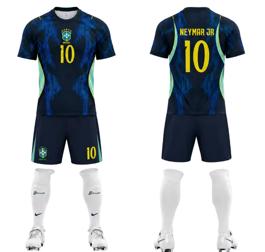Ensemble de soccer - Neymar bleu marine avec motifs bleus et verts clair, chiffres jaunes, tissu respirant, vue de face et dos pour enfant garçon.