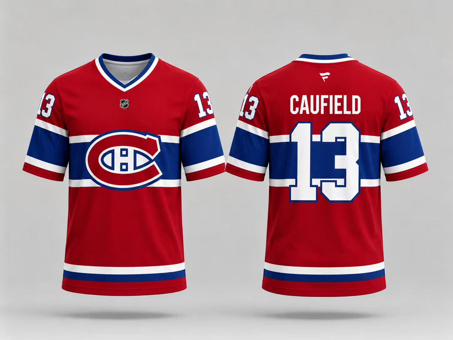 Jersey manches courtes - Caufield rouge avec bandes bleues et blanches, logo central, numéro 13 sur les manches et le dos, vue de face et dos.