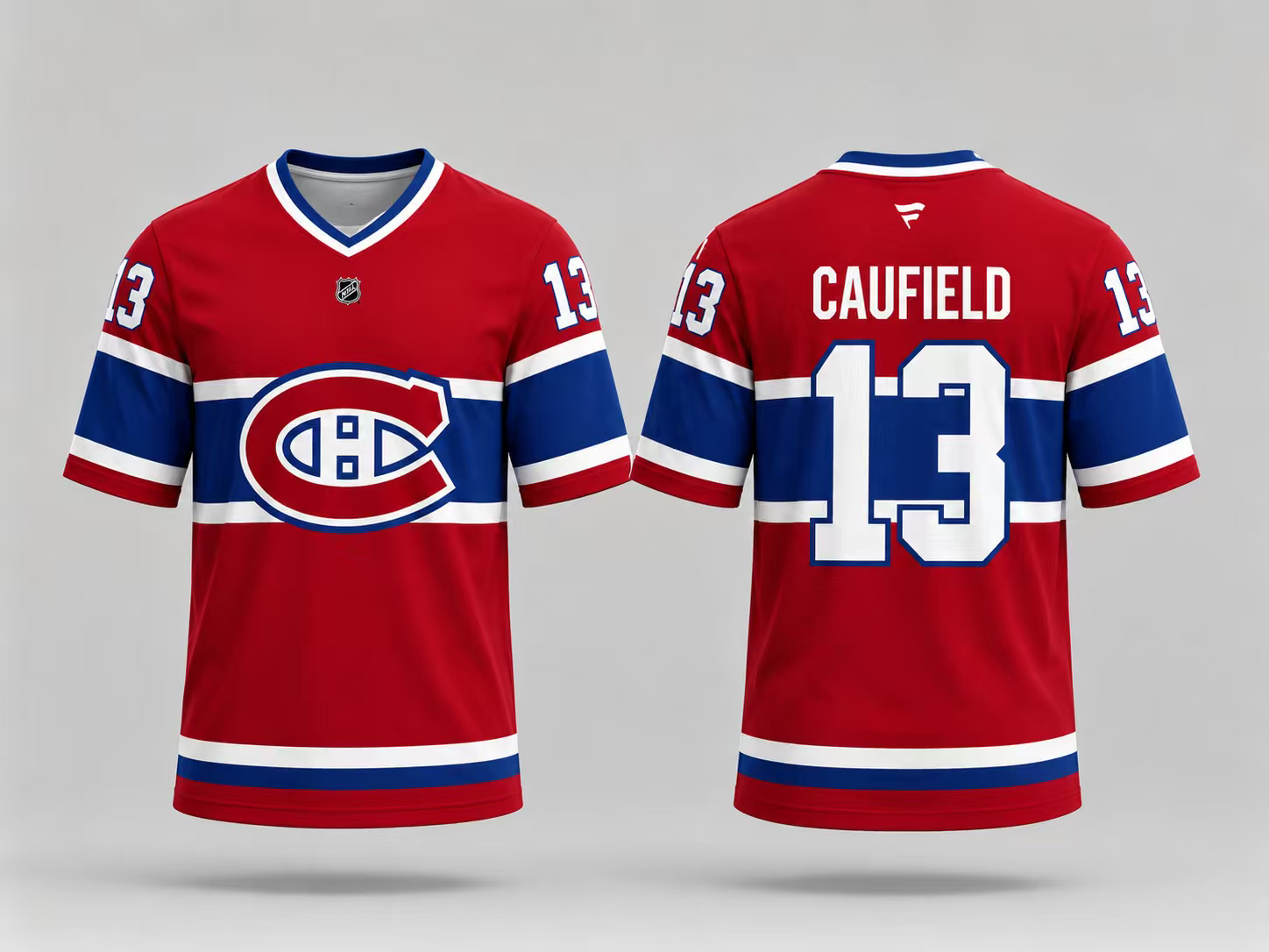 Jersey manches courtes - Caufield rouge avec bandes bleues et blanches, logo central, numéro 13 sur les manches et le dos, vue de face et dos.