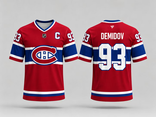 Jersey manches courtes - Demidov rouge avec bandes blanches et bleues, logo au centre, numéro 93 et nom Demidov au dos, vue de face et dos.