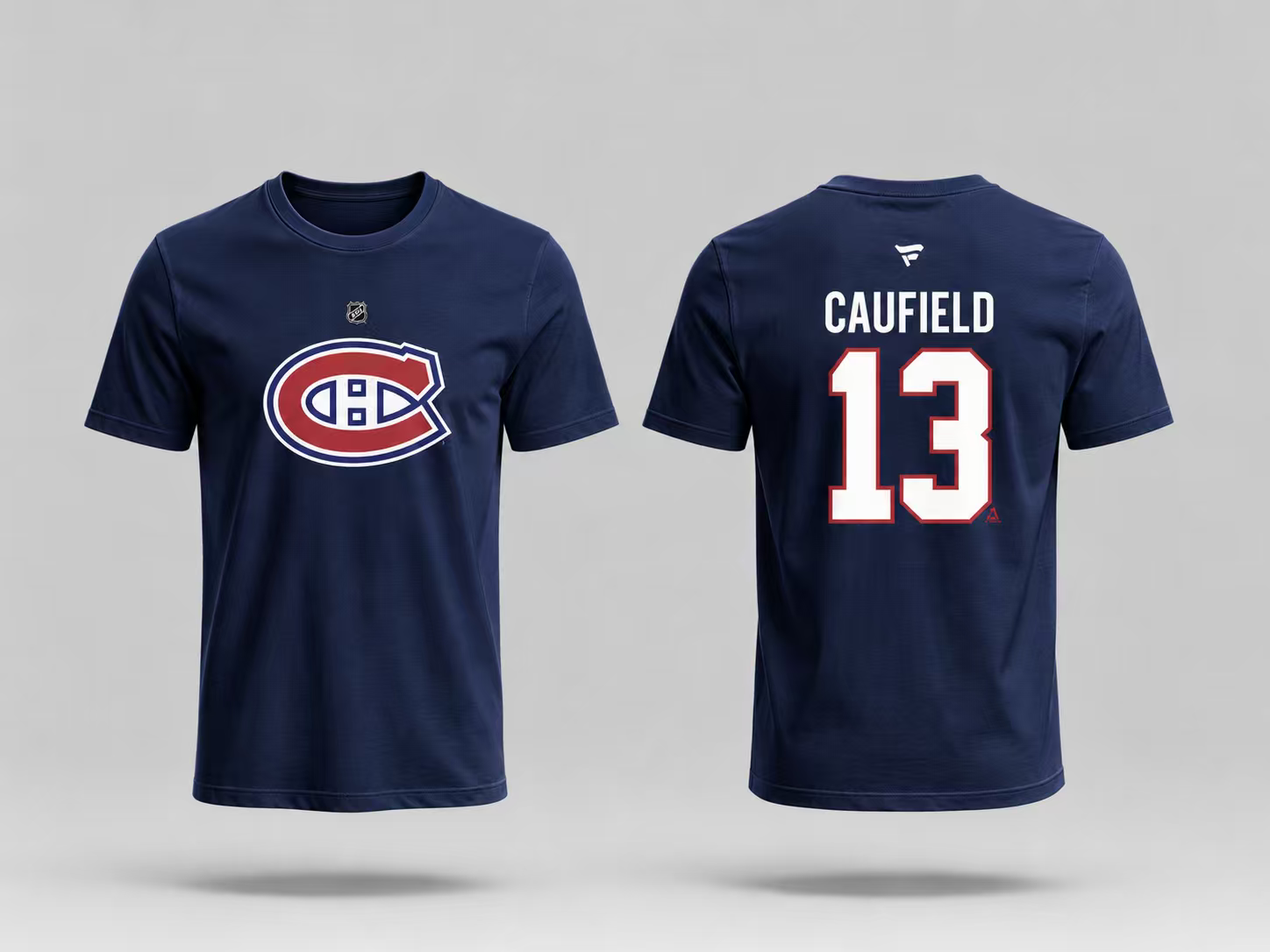T-Shirt Canadiens Coton Bleu - Caufield en coton bleu marine avec logo Canadiens rouge et blanc devant, nom et numéro 13 au dos, vue de face et dos.