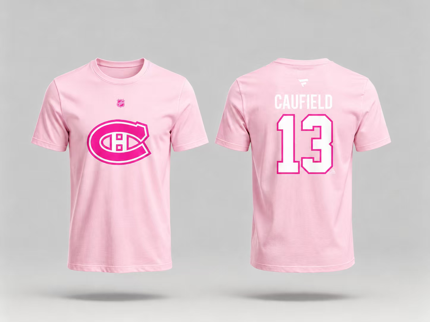 T-Shirt Canadiens Coton Rose - Caufield, t-shirt coton rose clair avec logo Canadiens rose et blanc à l'avant, nom et numéro 13 au dos, vue de face et dos.