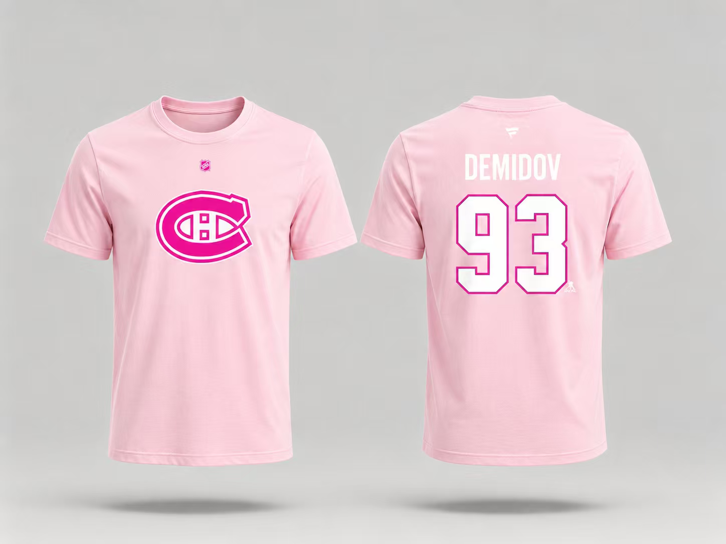 T-Shirt Canadiens Coton Rose - Demidov rose clair en coton avec logo Canadiens rose foncé à l'avant, numéro 93 et nom Demidov en blanc au dos, vue de face et dos.