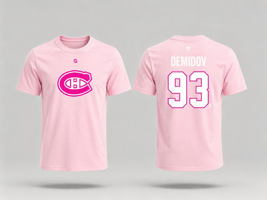 T-Shirt Canadiens Coton Rose - Demidov rose clair en coton avec logo Canadiens rose foncé à l'avant, numéro 93 et nom Demidov en blanc au dos, vue de face et dos.