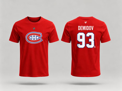 T-Shirt Canadiens Coton Rouge - Demidov rouge en coton avec logo bleu et blanc Canadiens sur le devant, numéro 93 et nom Demidov en blanc au dos, vue de face et de dos.