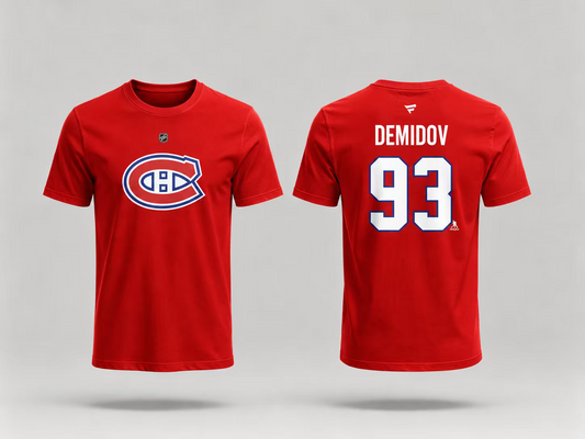 T-Shirt Canadiens Coton Rouge - Demidov rouge en coton avec logo bleu et blanc Canadiens sur le devant, numéro 93 et nom Demidov en blanc au dos, vue de face et de dos.