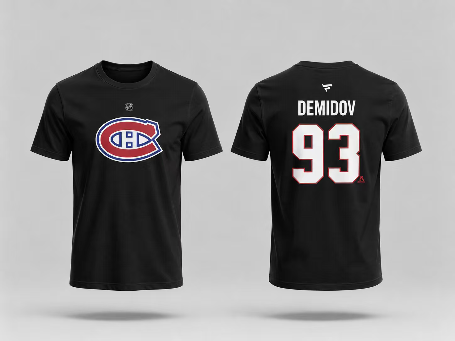 T-Shirt Canadiens Coton Noir - Demidov noir en coton avec logo tricolore bleu, blanc, rouge devant, numéro 93 et nom Demidov blanc au dos, vue de face et dos.