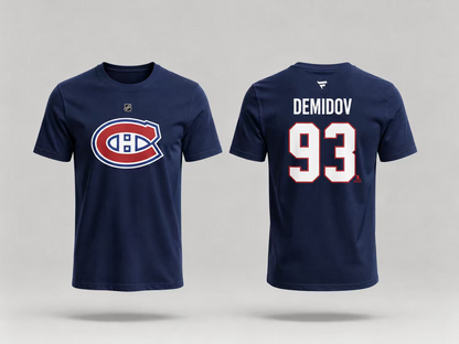 T-Shirt Canadiens Coton Bleu - Demidov bleu marine en coton avec logo Canadiens sur le devant, nom Demidov et numéro 93 au dos, vue de face et dos.