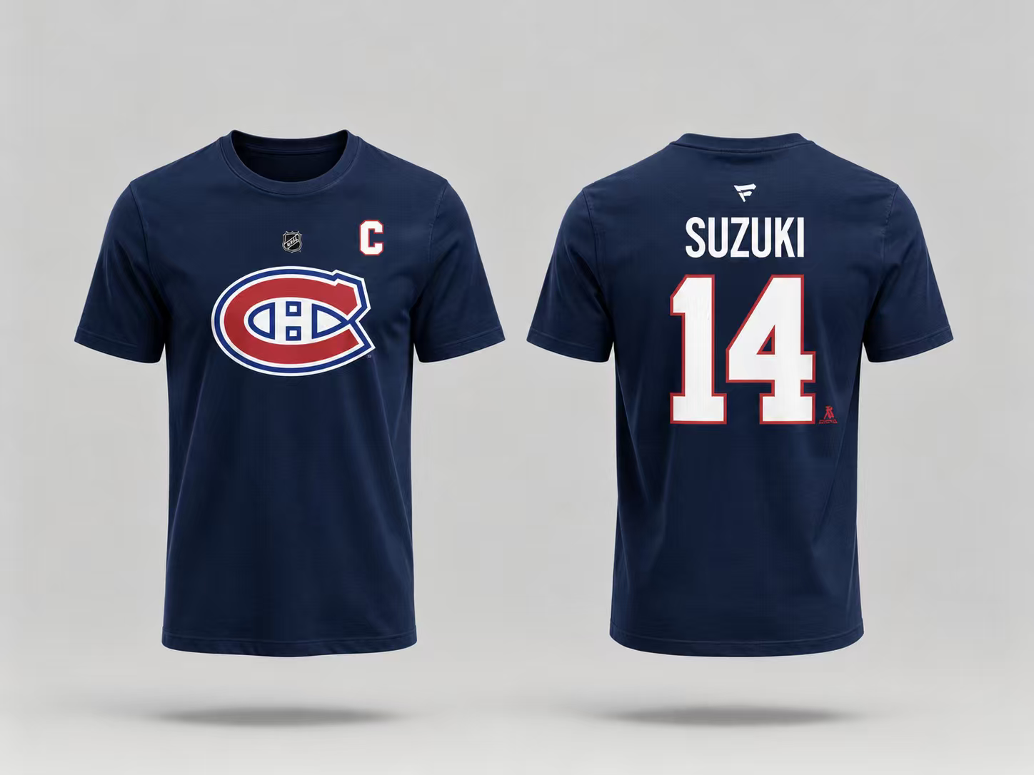 T-Shirt Canadiens Coton Bleu - Suzuki bleu marine en coton, style sportif avec logo Canadiens à l'avant et nom Suzuki avec numéro 14 en blanc au dos, vue de face et dos.