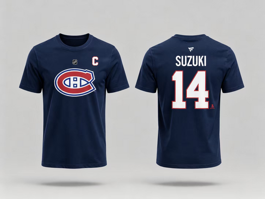 T-Shirt Canadiens Coton Bleu - Suzuki bleu marine en coton, style sportif avec logo Canadiens à l'avant et nom Suzuki avec numéro 14 en blanc au dos, vue de face et dos.