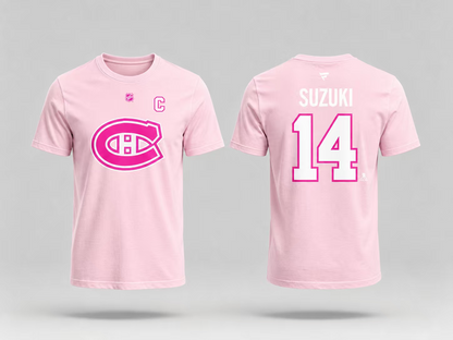 T-Shirt Canadiens Coton Rose - Suzuki rose clair en coton avec logo et numéro 14 en rose vif et blanc, style sportif, vue de face et dos.