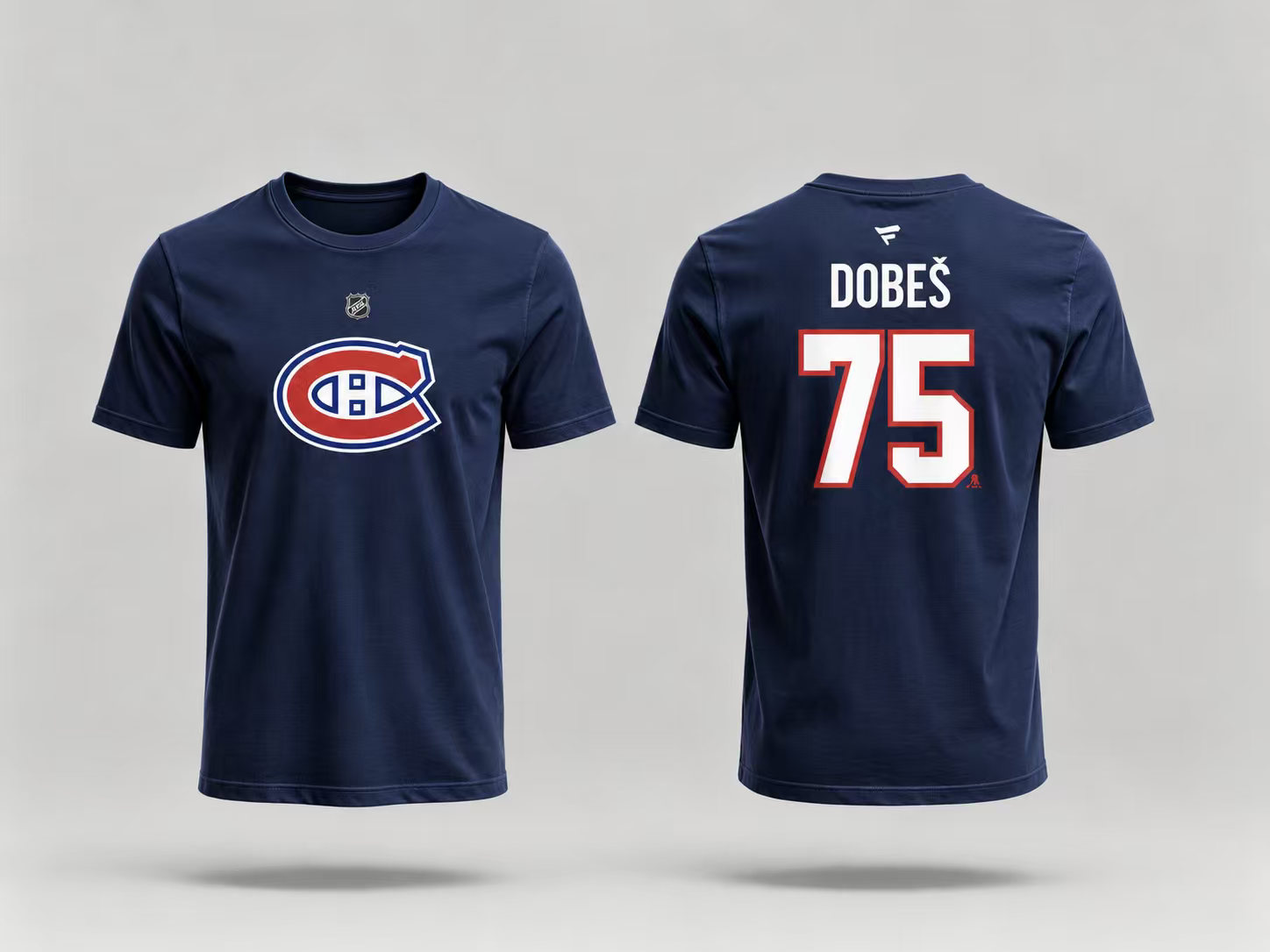 T-Shirt Canadiens Coton Bleu - Dobes #75 bleu marine en coton avec logo Canadiens rouge, blanc et bleu devant, nom et numéro 75 au dos, vue de face et dos.
